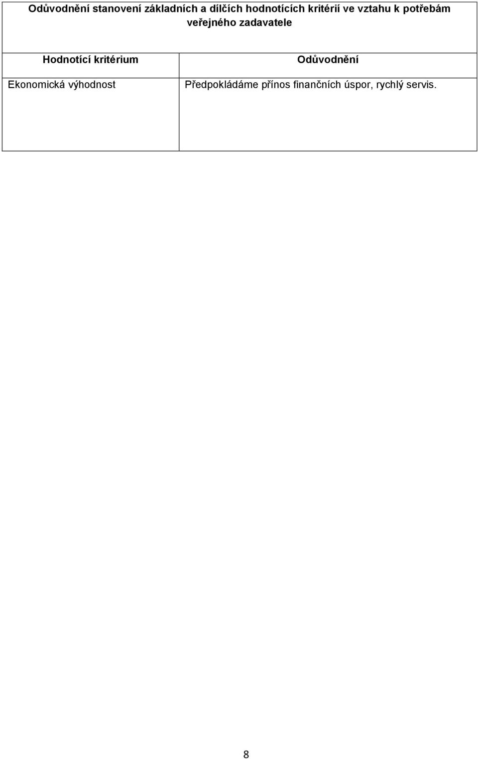 zadavatele Hodnotící kritérium Ekonomická výhodnost
