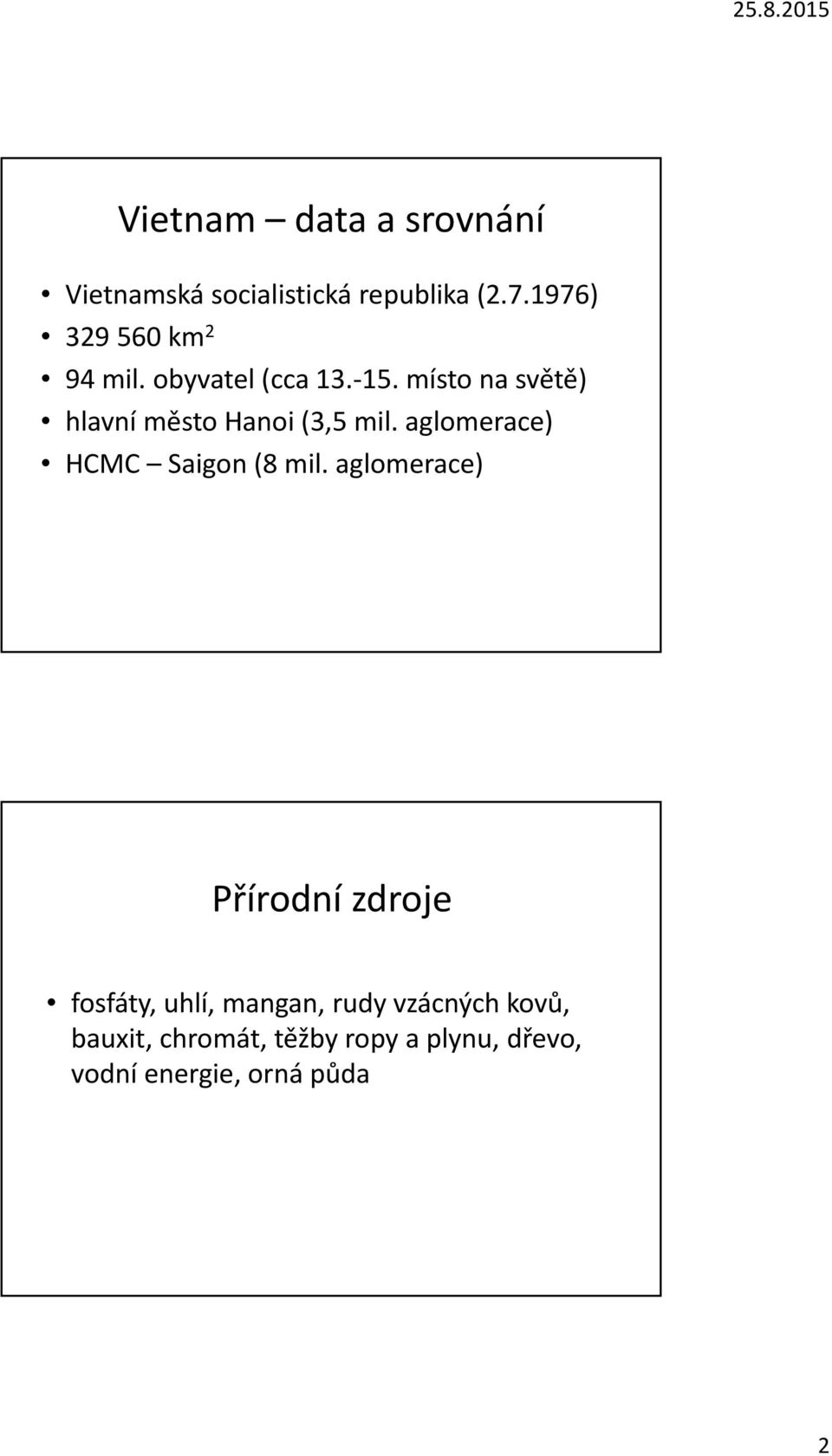 místo na světě) hlavní město Hanoi (3,5 mil. aglomerace) HCMC Saigon(8 mil.