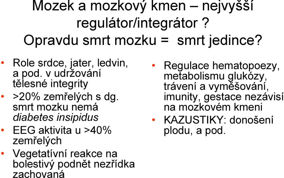 smrt mozku nemá diabetes insipidus EEG aktivita u >40% zemřelých Vegetatívní reakce na bolestivý podnět