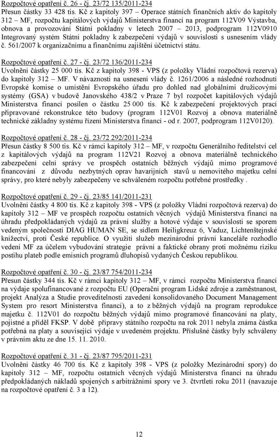 2007 2013, podprogram 112V0910 Integrovaný systém Státní pokladny k zabezpečení výdajů v souvislosti s usnesením vlády č. 561/2007 k organizačnímu a finančnímu zajištění účetnictví státu.