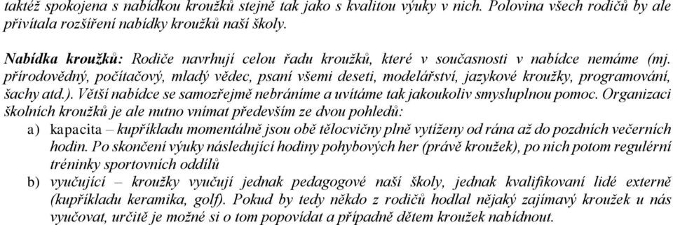 přírodovědný, počítačový, mladý vědec, psaní všemi deseti, modelářství, jazykové kroužky, programování, šachy atd.). Větší nabídce se samozřejmě nebráníme a uvítáme tak jakoukoliv smysluplnou pomoc.