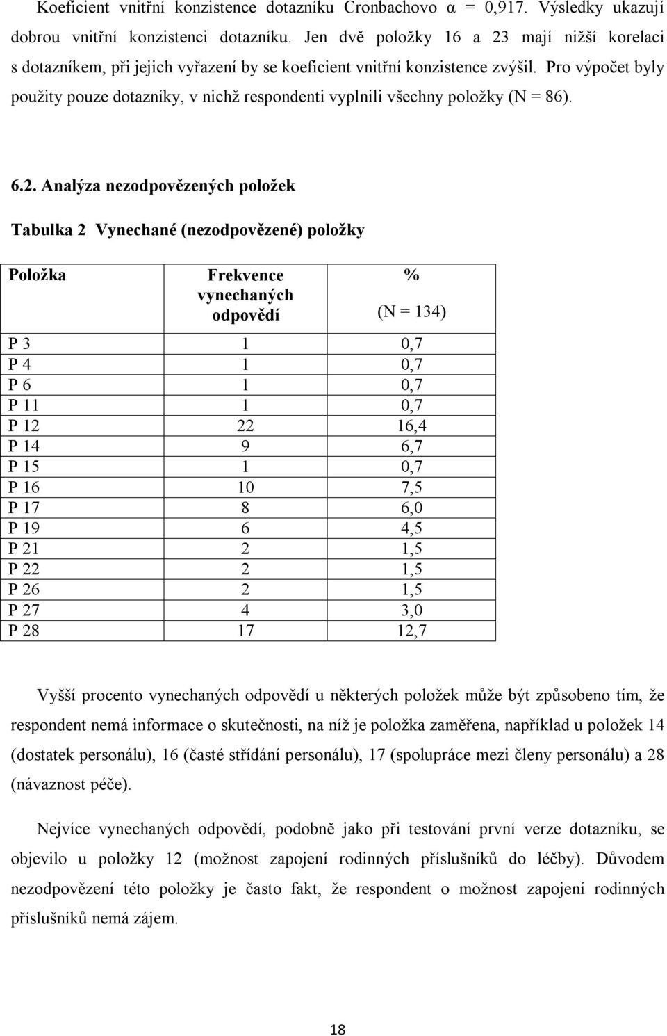 Pro výpočet byly použity pouze dotazníky, v nichž respondenti vyplnili všechny položky (N = 86). 6.2.