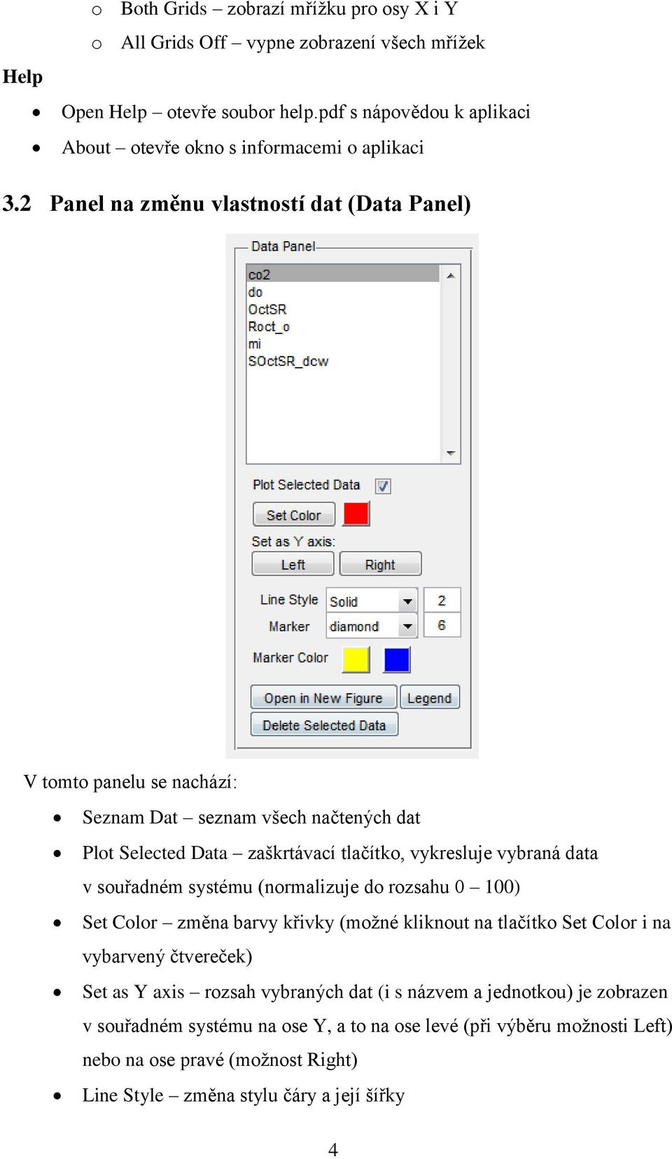 2 Panel na změnu vlastností dat (Data Panel) V tomto panelu se nachází: Seznam Dat seznam všech načtených dat Plot Selected Data zaškrtávací tlačítko, vykresluje vybraná data v