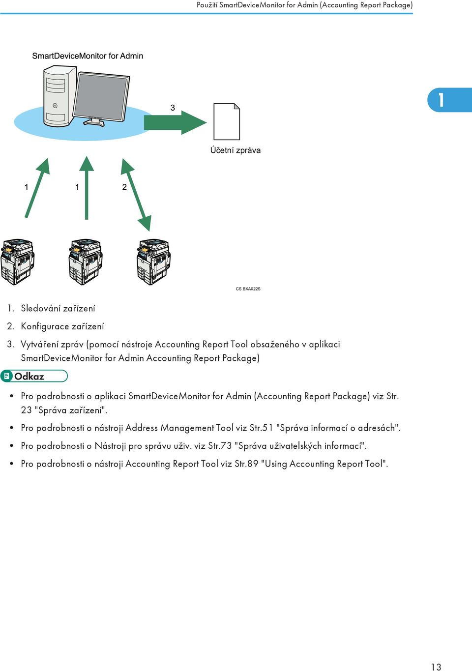 SmartDeviceMonitor for Admin (Accounting Report Package) viz Str. 23 "Správa zařízení". Pro podrobnosti o nástroji Address Management Tool viz Str.