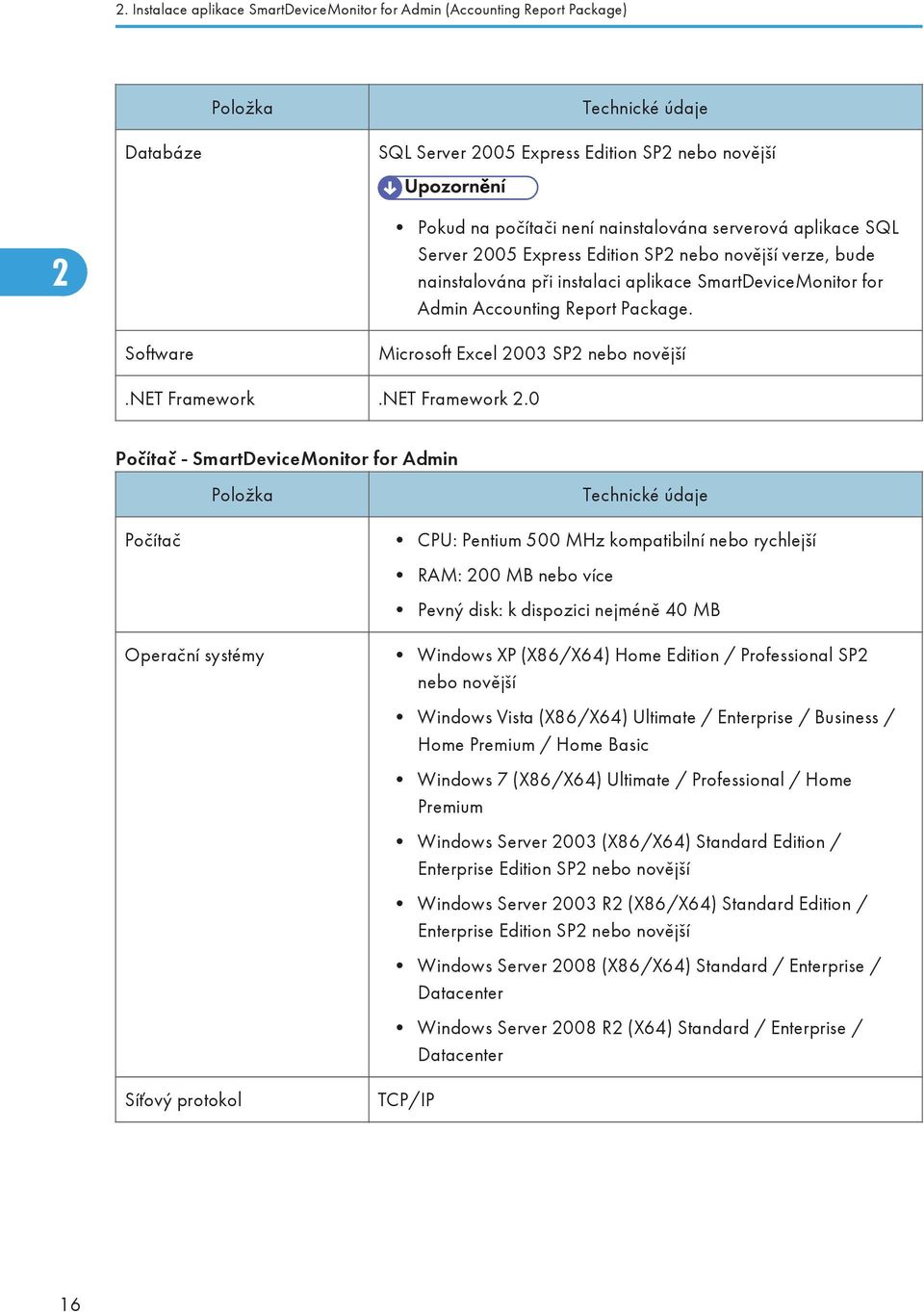 Software Microsoft Excel 2003 SP2 nebo novější.net Framework.NET Framework 2.