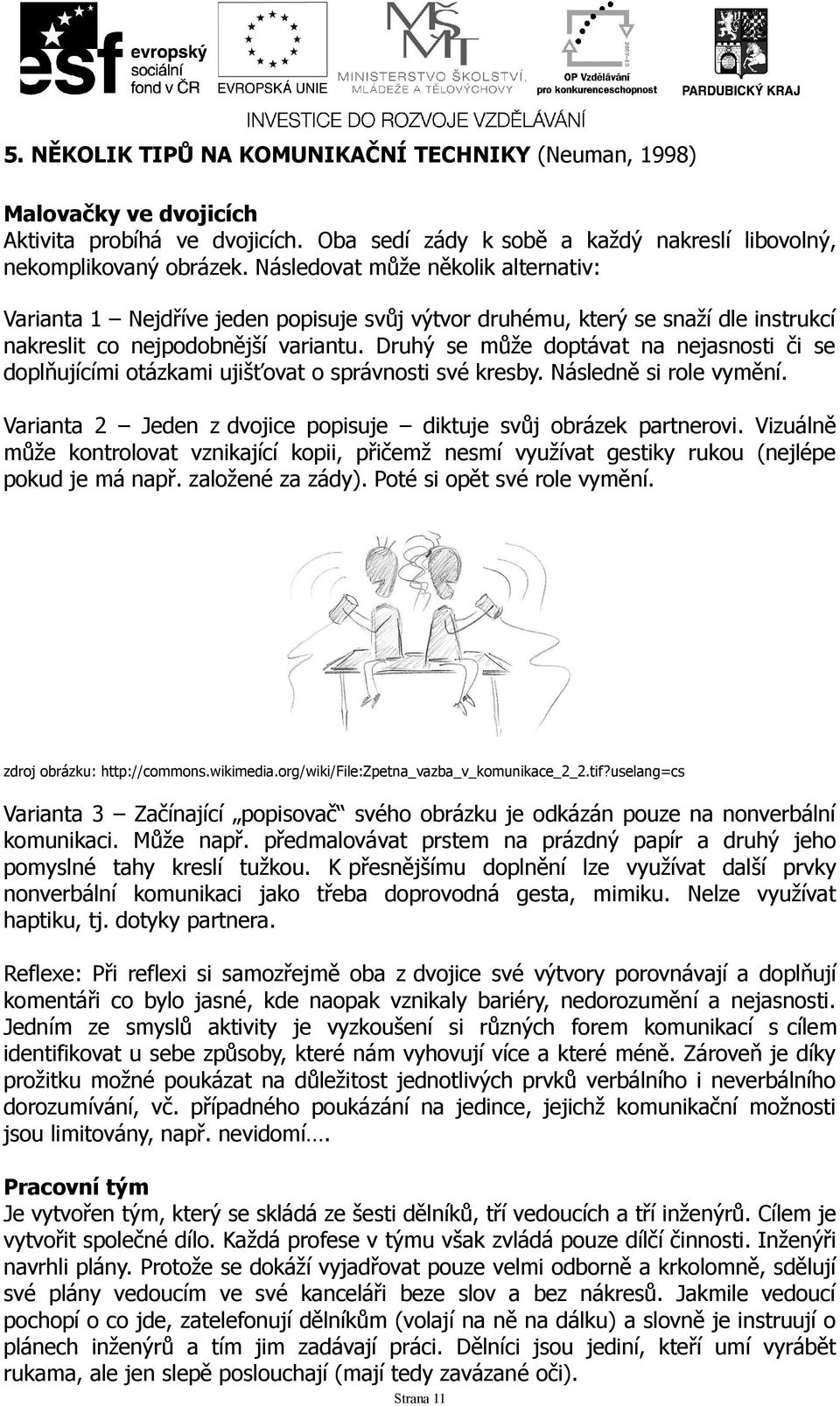 Druhý se může doptávat na nejasnosti či se doplňujícími otázkami ujišťovat o správnosti své kresby. Následně si role vymění. Varianta 2 Jeden z dvojice popisuje diktuje svůj obrázek partnerovi.