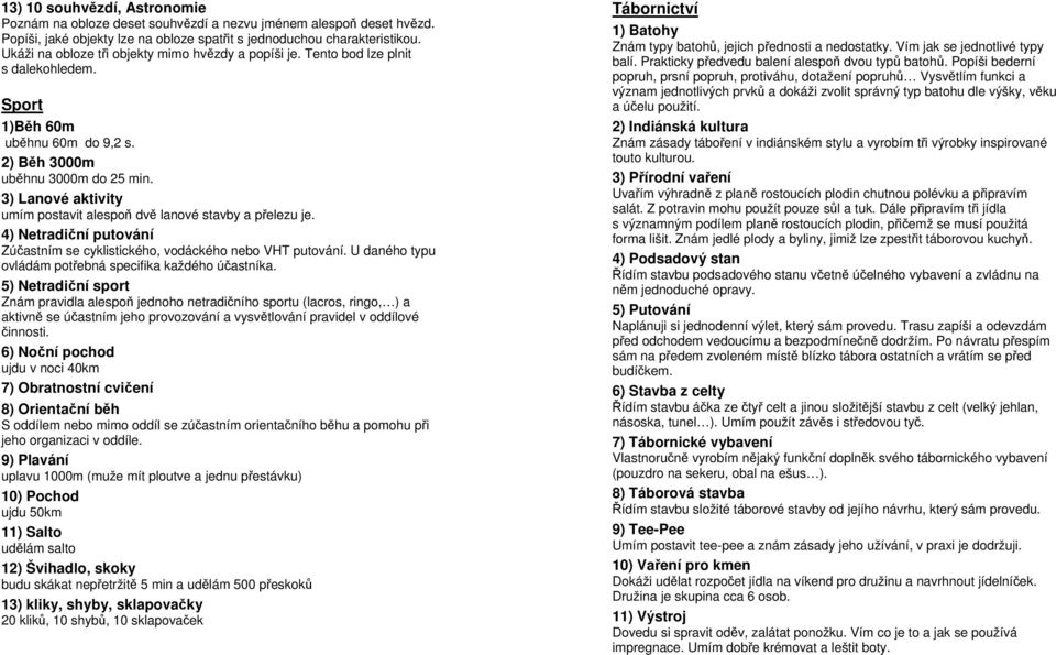 3) Lanové aktivity umím postavit alespoň dvě lanové stavby a přelezu je. 4) Netradiční putování Zúčastním se cyklistického, vodáckého nebo VHT putování.