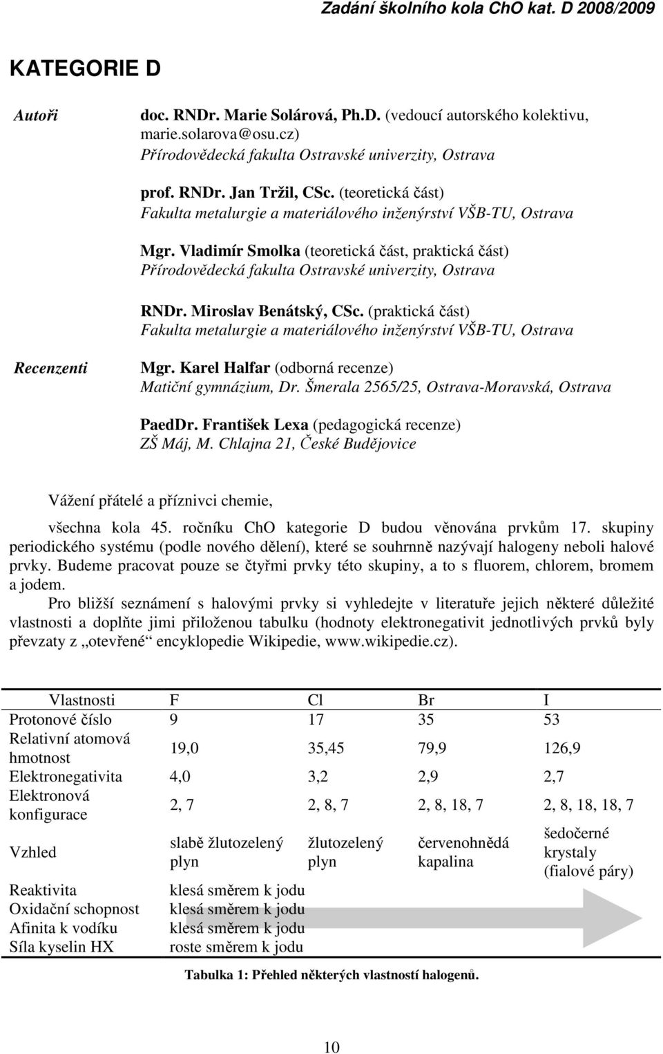 Miroslav Benátský, CSc. (praktická část) Fakulta metalurgie a materiálového inženýrství VŠB-TU, Ostrava Recenzenti Mgr. Karel Halfar (odborná recenze) Matiční gymnázium, Dr.