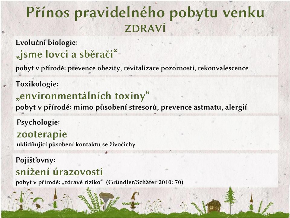 přírodě: mimo působení stresorů, prevence astmatu, alergií Psychologie: zooterapie uklidňující působení