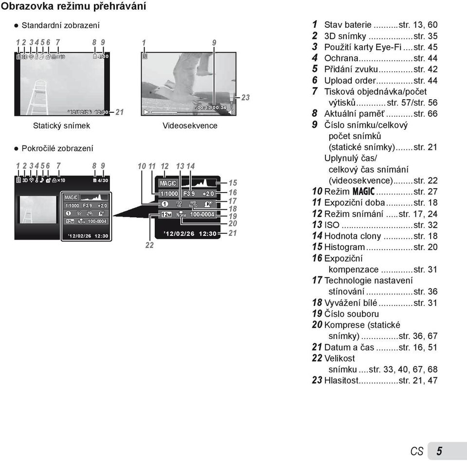 ..str. 21 Uplynulý čas/ 1 2 3 4 5 6 7 8 9 10 11 12 13 14 celkový čas snímání 3D 10 4/30 MAGIC 15 (videosekvence)...str. 22 1/1000 F3.9 2.0 16 10 Režim P...str. 27 MAGIC ISO WB 1/1000 F3.9 2.0 1 100 17 11 Expoziční doba.
