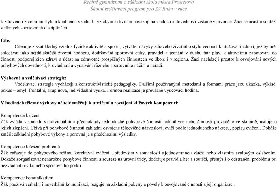 dodržování sportovní etiky, pravidel a jednání v duchu fair play, k aktivnímu zapojování do činností podporujících zdraví a účast na zdravotně prospěšných činnostech ve škole i v regionu.