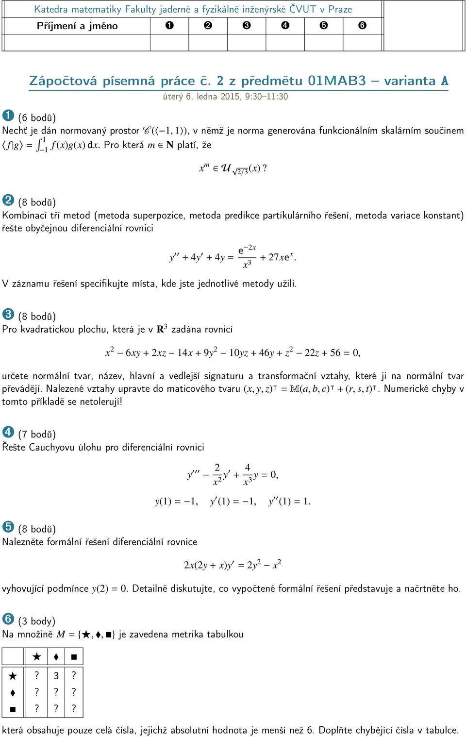 ➋ (8 bodů) Kombinací tří metod (metoda superpozice, metoda predikce partikulárního řešení, metoda variace konstant) řešte obyčejnou diferenciální rovnici y + 4y + 4y = e 2x x 3 + 27xe x.
