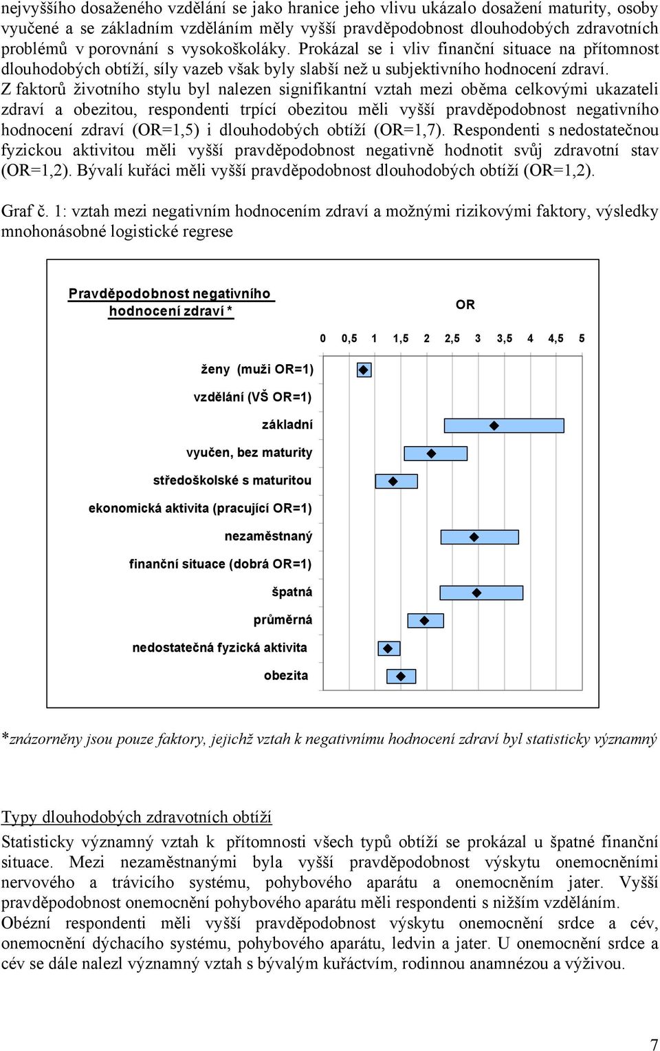 Z faktorů životního stylu byl nalezen signifikantní vztah mezi oběma celkovými ukazateli zdraví a obezitou, respondenti trpící obezitou měli vyšší pravděpodobnost negativního hodnocení zdraví