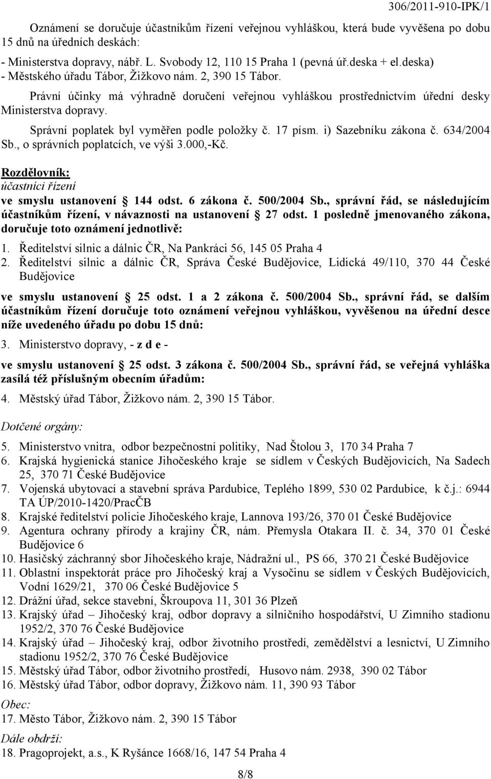 Správní poplatek byl vyměřen podle položky č. 17 písm. i) Sazebníku zákona č. 634/2004 Sb., o správních poplatcích, ve výši 3.000,-Kč. Rozdělovník: účastníci řízení ve smyslu ustanovení 144 odst.