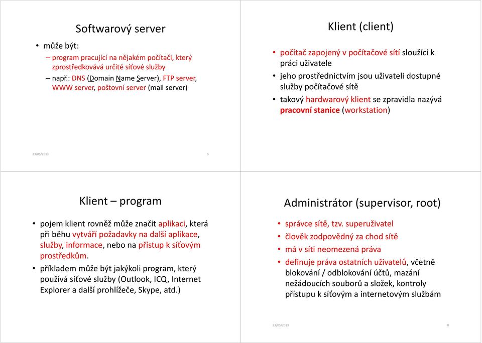 dostupné služby počítačové sítě takový hardwarový klient se zpravidla nazývá pracovní stanice (workstation) 23/05/2013 5 Klient program pojem klient rovněž může značit aplikaci, která při běhu
