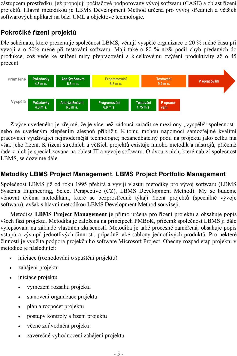 Pkrčiké řízení prjektů Dle schématu, které prezentuje splečnst LBMS, věnují vyspělé rganizace 20 % méně času při vývji a 50% méně při testvání sftwaru.