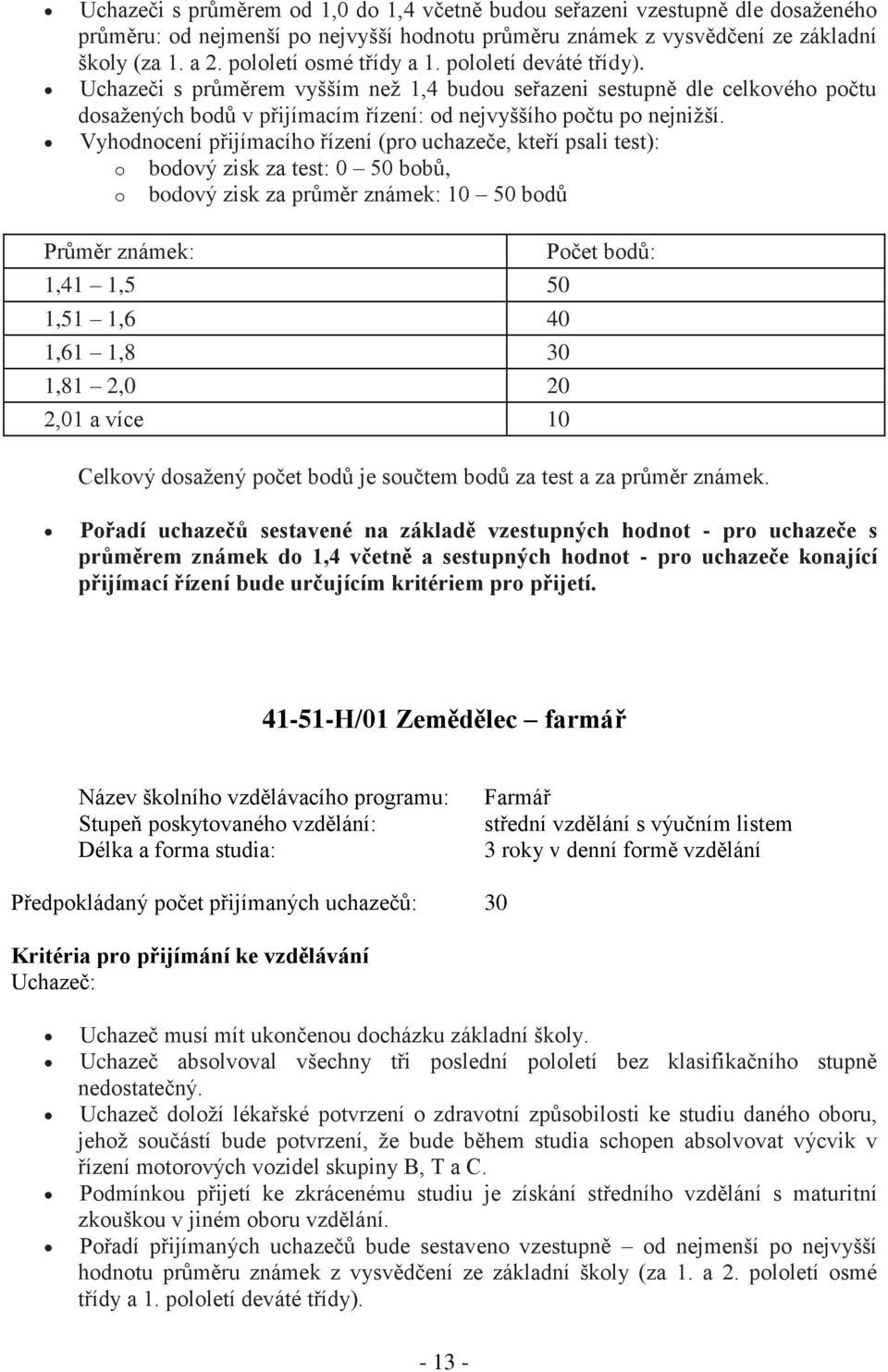 Vyhodnocení přijímacího řízení (pro uchazeče, kteří psali test): o bodový zisk za test: 0 50 bobů, o bodový zisk za průměr známek: 10 50 bodů Průměr známek: Počet bodů: 1,41 1,5 50 1,51 1,6 40 1,61