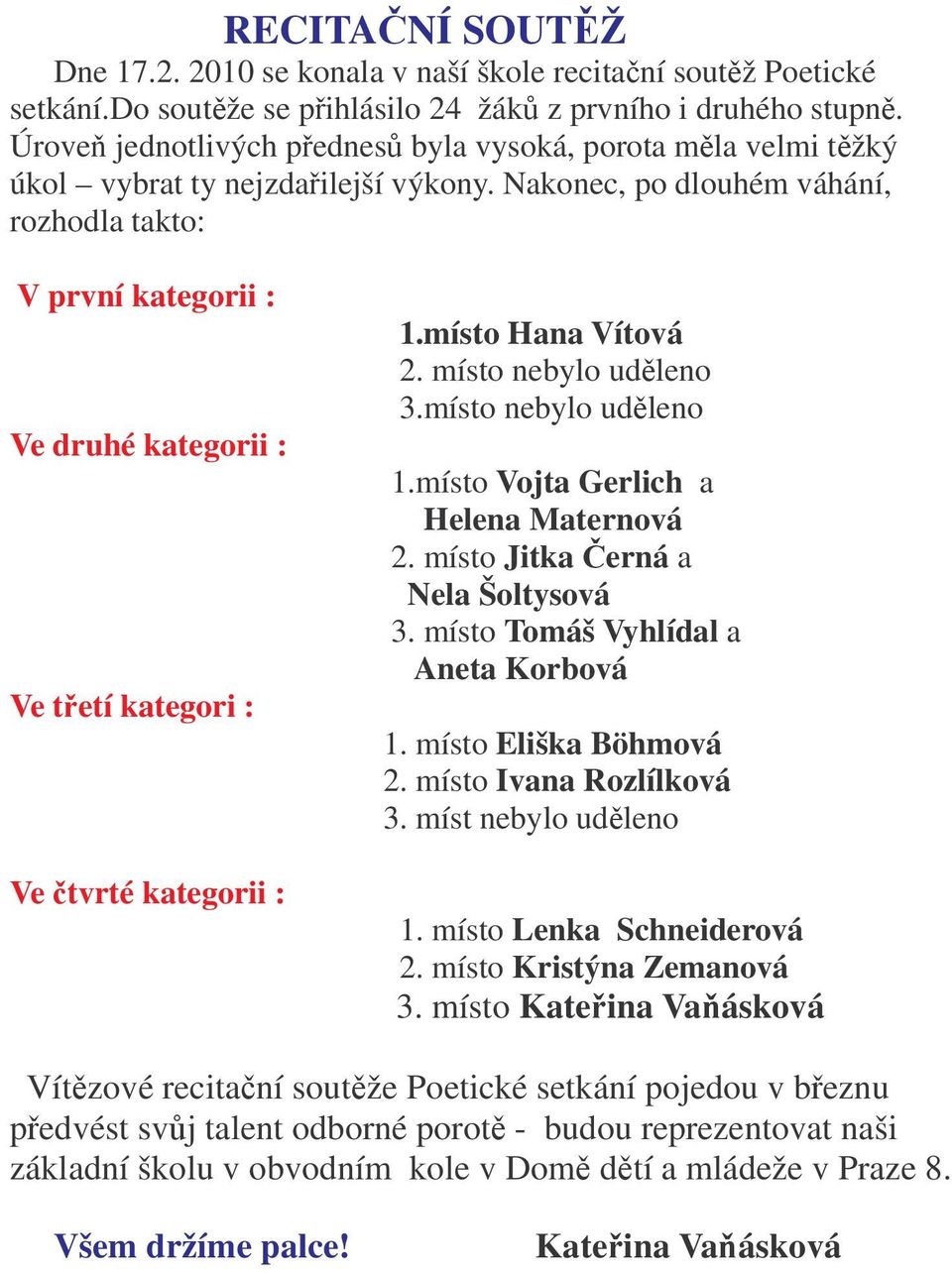 Nakonec, po dlouhém váhání, rozhodla takto: V první kategorii : Ve druhé kategorii : Ve tetí kategori : Ve tvrté kategorii : 1.místo Hana Vítová 2. místo nebylo udleno 3.místo nebylo udleno 1.