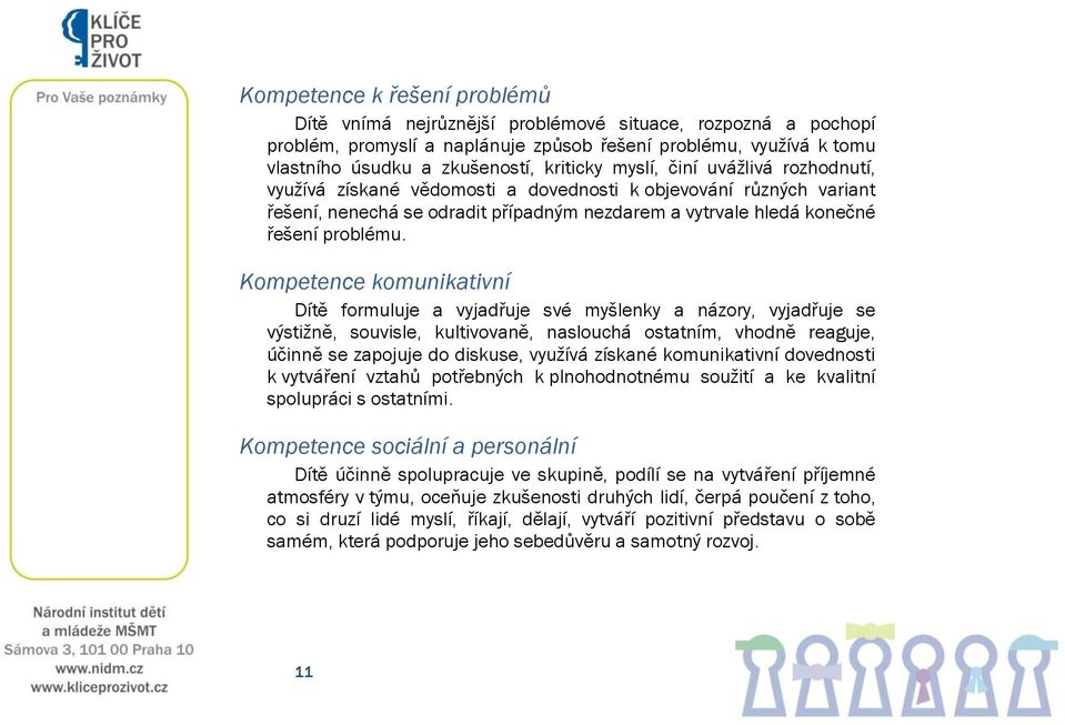 Kompetence komunikativní Dítě formuluje a vyjadřuje své myšlenky a názory, vyjadřuje se výstižně, souvisle, kultivovaně, naslouchá ostatním, vhodně reaguje, účinně se zapojuje do diskuse, využívá