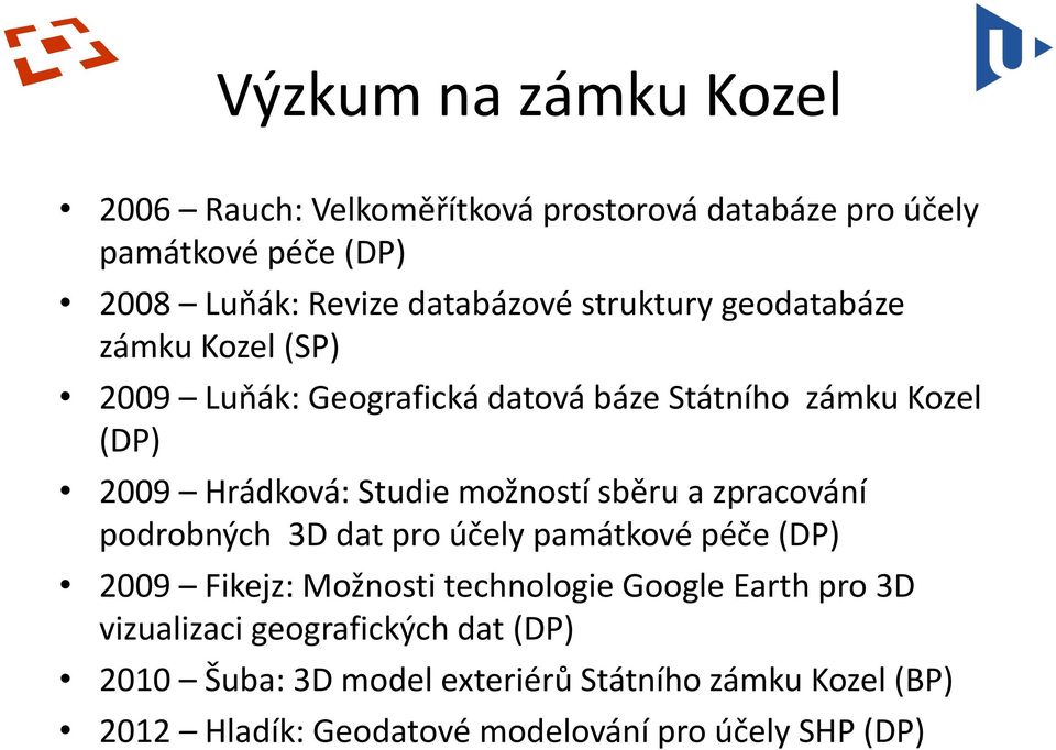 sběru a zpracování podrobných 3D dat pro účely památkové péče (DP) 2009 Fikejz: Možnosti technologie Google Earth pro 3D