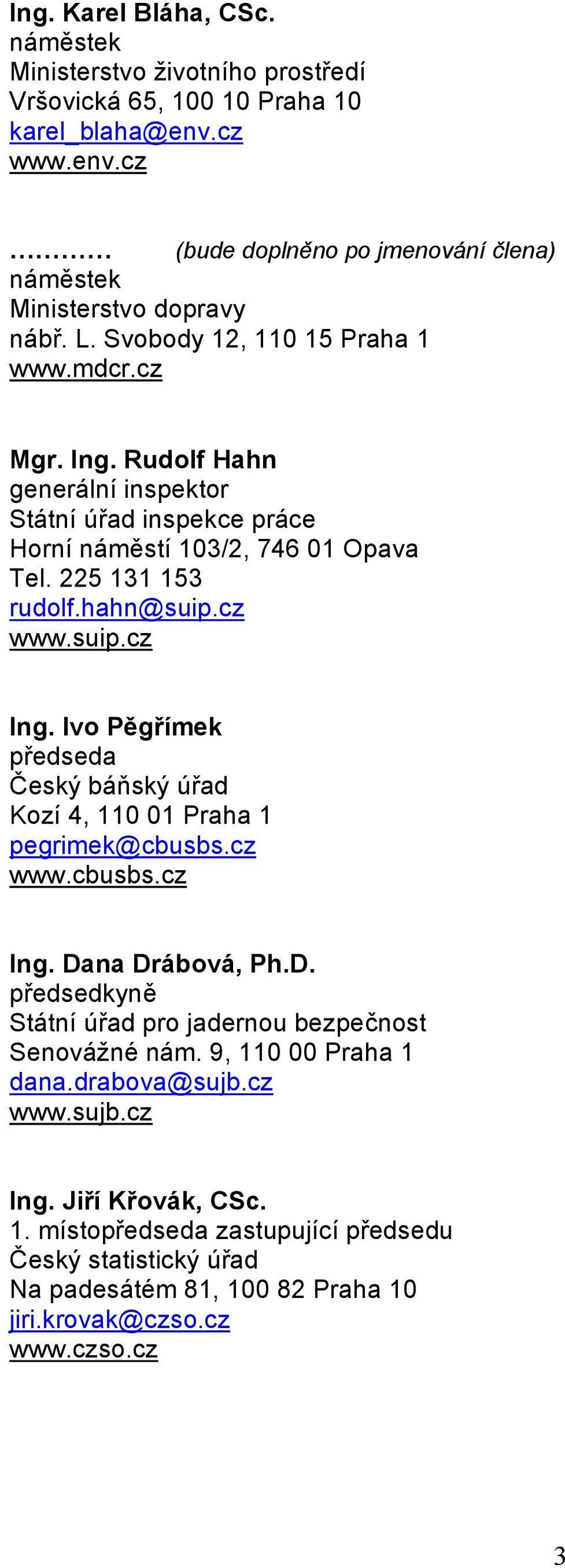 Ivo Pěgřímek předseda Český báňský úřad Kozí 4, 110 01 Praha 1 pegrimek@cbusbs.cz www.cbusbs.cz Ing. Dana Drábová, Ph.D. předsedkyně Státní úřad pro jadernou bezpečnost Senovážné nám.