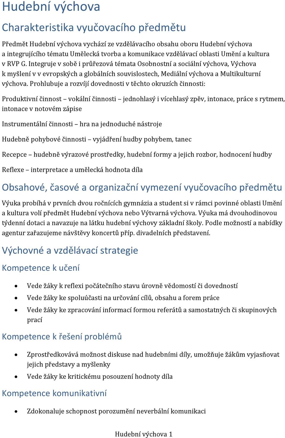 Prhlubuje a rzvíjí dvednsti v těcht kruzích činnsti: Prduktivní činnst vkální činnsti jednhlasý i vícehlasý zpěv, intnace, práce s rytmem, intnace v ntvém zápise Instrumentální činnsti hra na