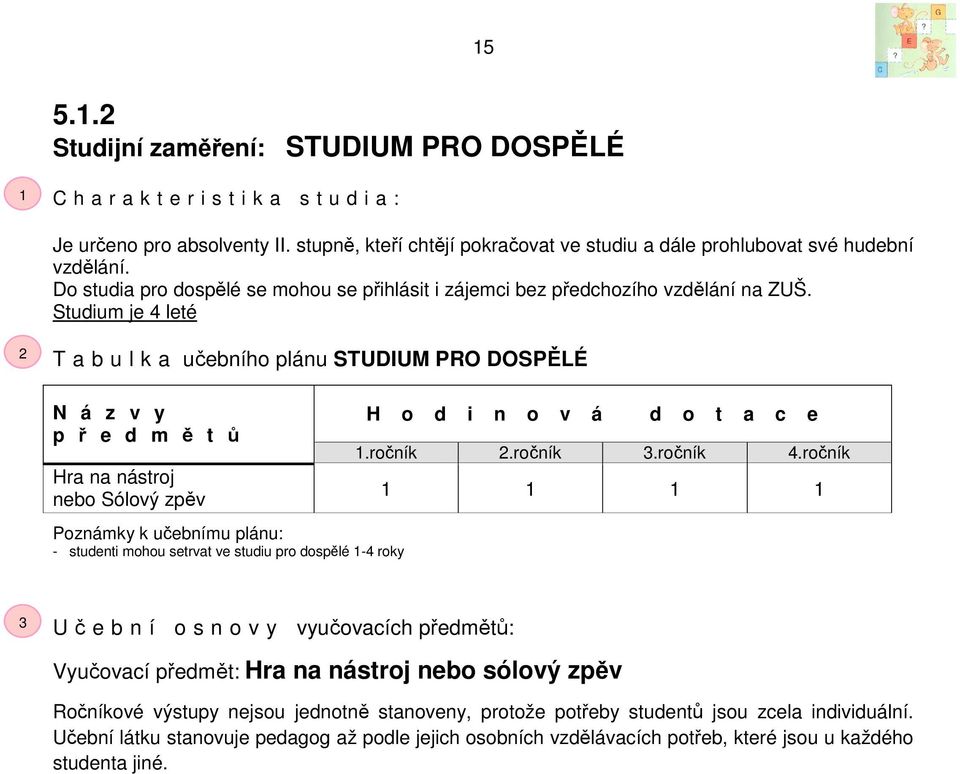 Studium je 4 leté 2 T a b u l k a učebního plánu STUDIUM PRO DOSPĚLÉ N á z v y p ř e d m ě t ů Hra na nástroj nebo Sólový zpěv Poznámky k učebnímu plánu: - studenti mohou setrvat ve studiu pro