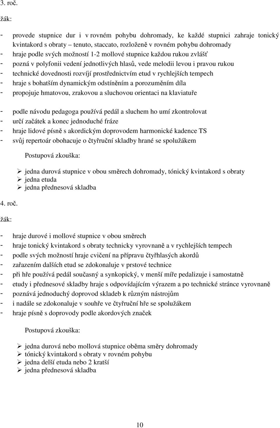 mollové stupnice každou rukou zvlášť - pozná v polyfonii vedení jednotlivých hlasů, vede melodii levou i pravou rukou - technické dovednosti rozvíjí prostřednictvím etud v rychlejších tempech - hraje