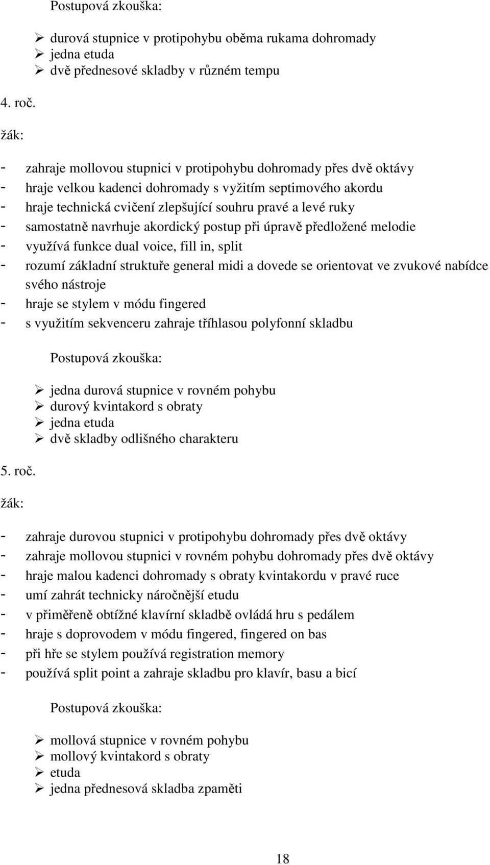 dohromady s vyžitím septimového akordu - hraje technická cvičení zlepšující souhru pravé a levé ruky - samostatně navrhuje akordický postup při úpravě předložené melodie - využívá funkce dual voice,