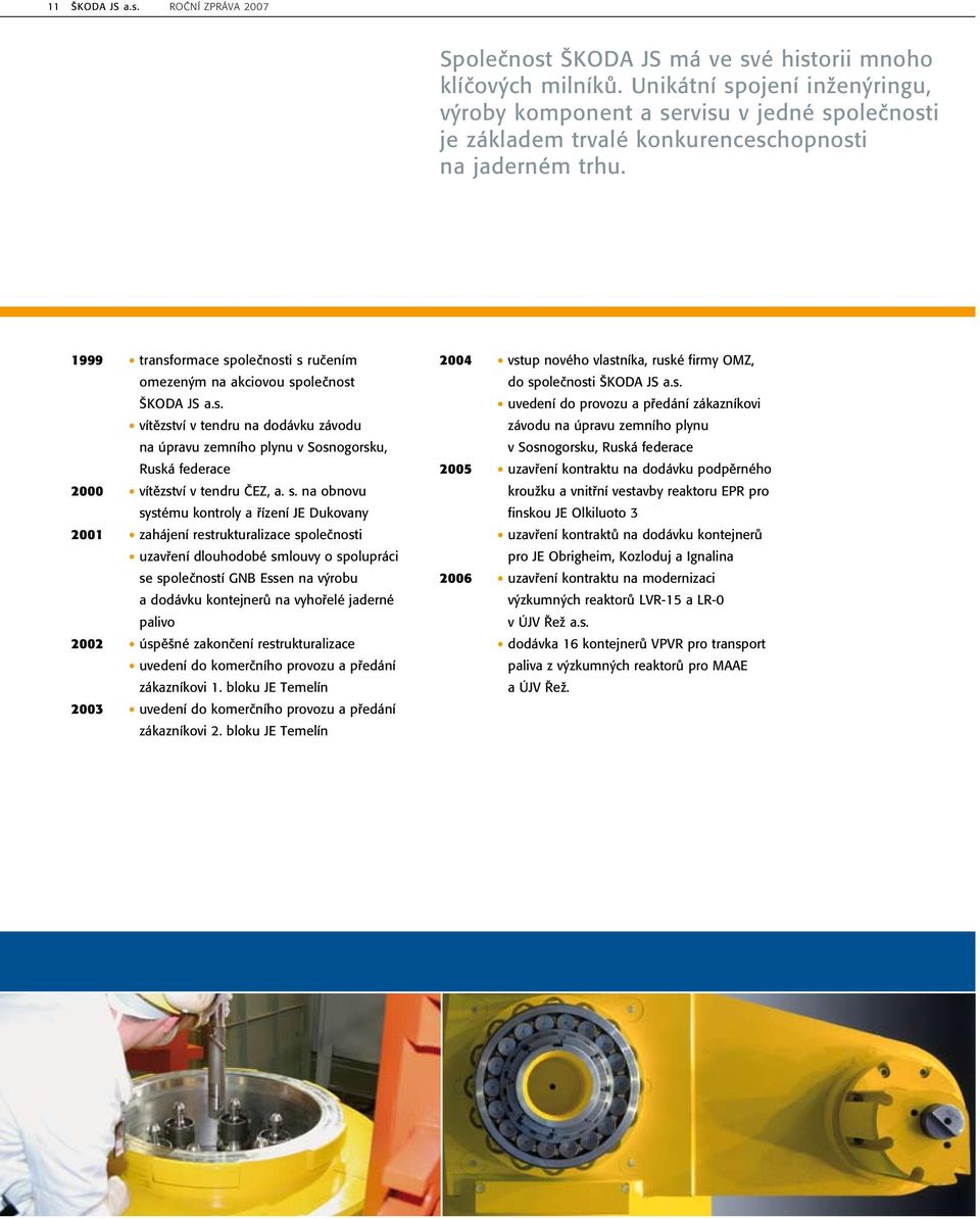 1999 transformace společnosti s ručením omezeným na akciovou společnost ŠKODA JS a.s. vítězství v tendru na dodávku závodu na úpravu zemního plynu v Sosnogorsku, Ruská federace 2000 vítězství v tendru ČEZ, a.