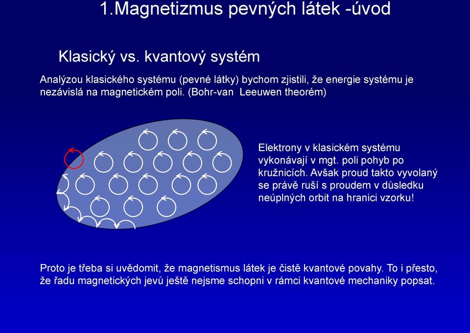 (ohr-van Leeuwen theorém) Elektrony v klasckém systému vykonávají v mgt. pol pohyb po kružncích.