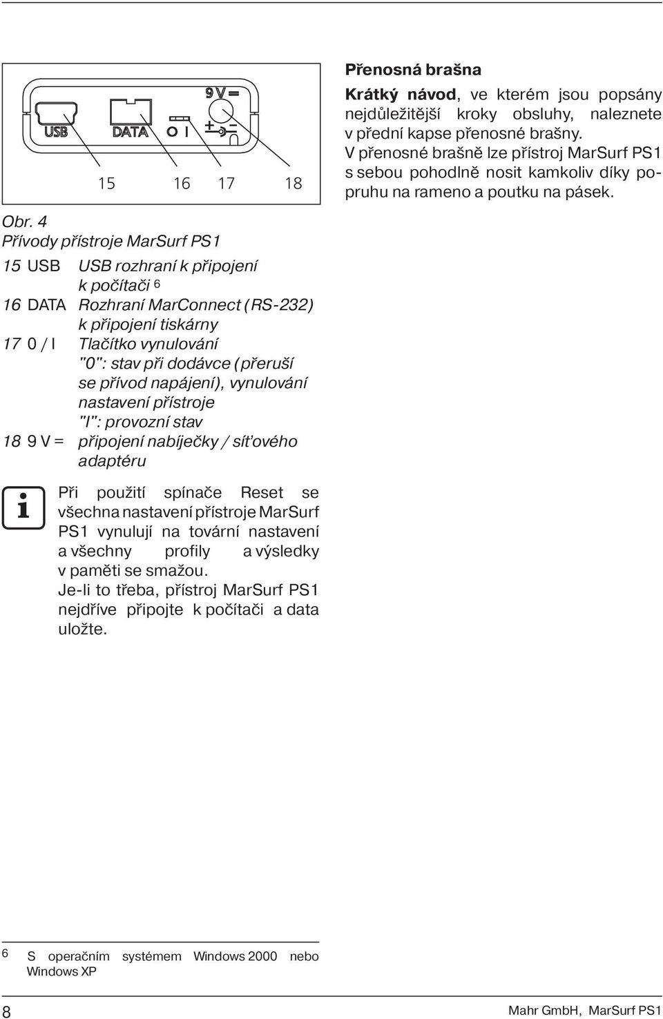 přívod napájení), vynulování nastavení přístroje "I": provozní stav 18 9 V = připojení nabíječky / síťového adaptéru Přenosná brašna Krátký návod, ve kterém jsou popsány nejdůležitější kroky obsluhy,