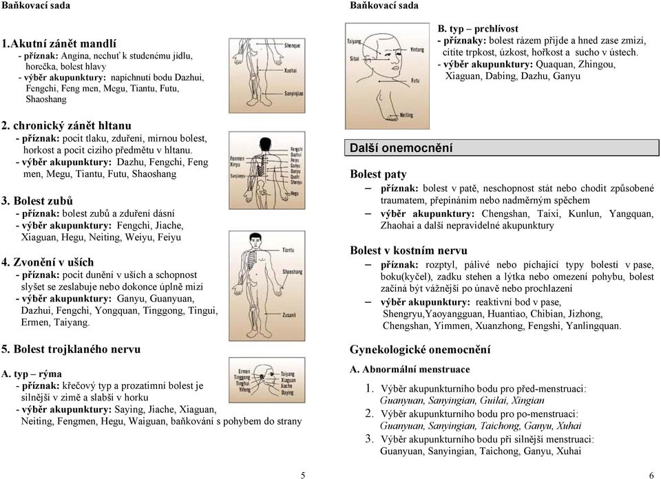 Bolest zubů - příznak: bolest zubů a zduření dásní - výběr akupunktury: Fengchi, Jiache, Xiaguan, Hegu, Neiting, Weiyu, Feiyu 4.