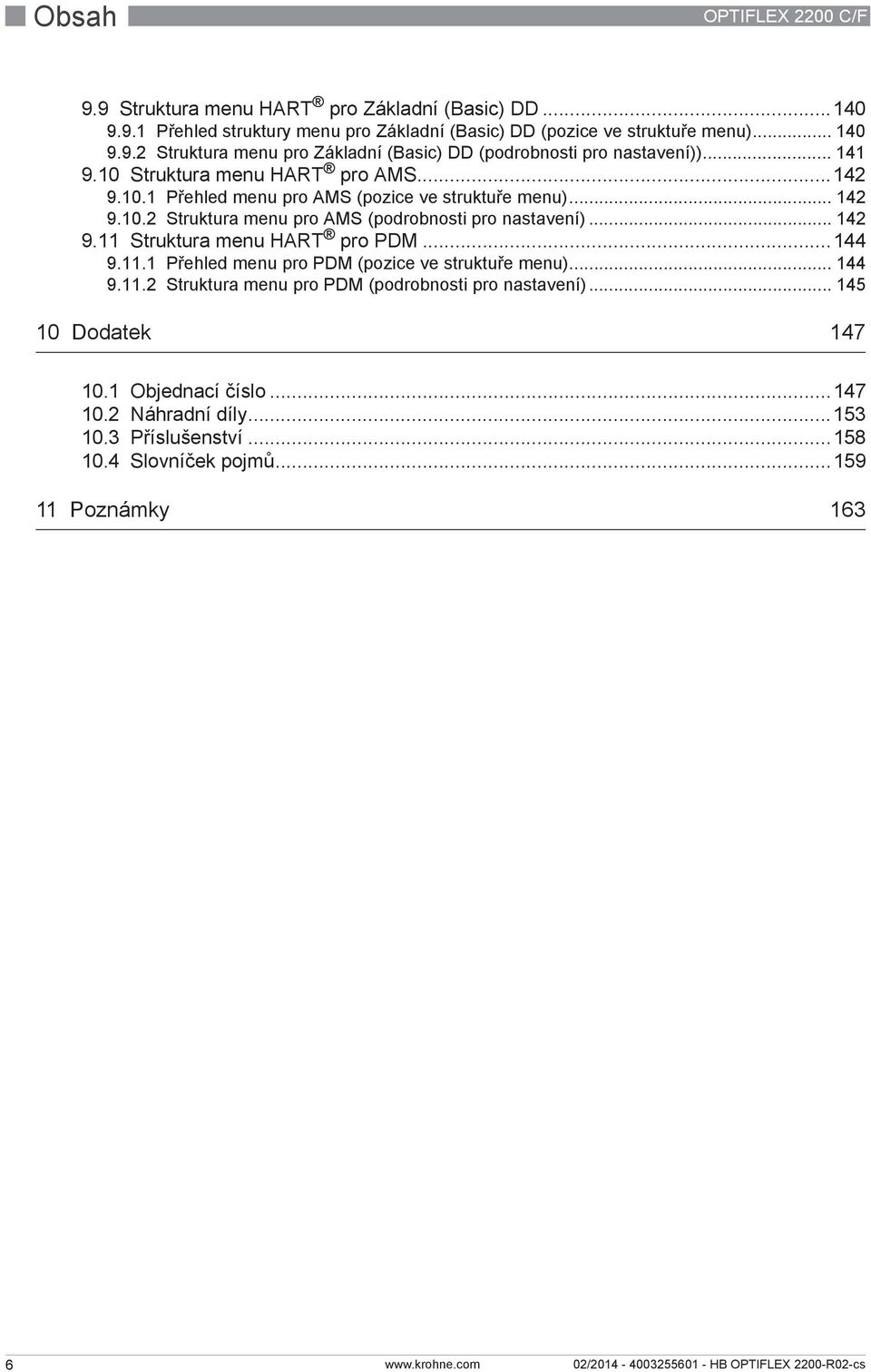 ..144 9.11.1 Přehled menu pro PDM (pozice ve struktuře menu)... 144 9.11.2 Struktura menu pro PDM (podrobnosti pro nastavení)... 145 10 Dodatek 147 10.1 Objednací číslo...147 10.2 Náhradní díly.