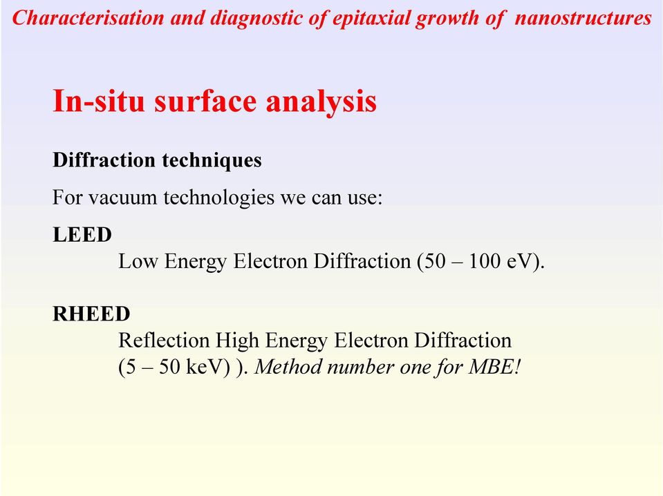 we can use: LEED Low Energy Electron Diffraction (50 100 ev).