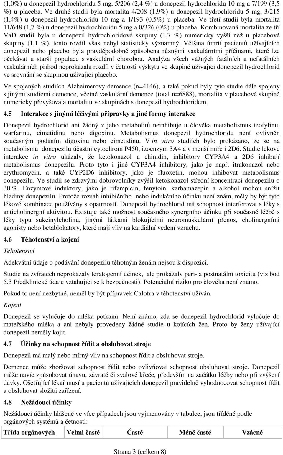 Ve třetí studii byla mortalita 11/648 (1,7 %) u donepezil hydrochloridu 5 mg a 0/326 (0%) u placeba.