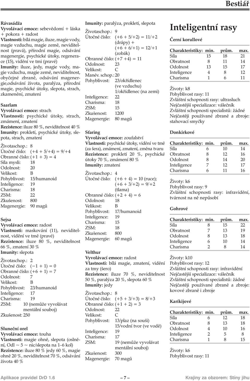 přírodní magie, psychické útoky, slepota, strach, zkamenění, zmatení Saarlam Vyvolávací emoce: strach Vlastnosti: psychické útoky, strach, zmámení, zmatení Rezistence: iluze 80 %, neviditelnost 40 %