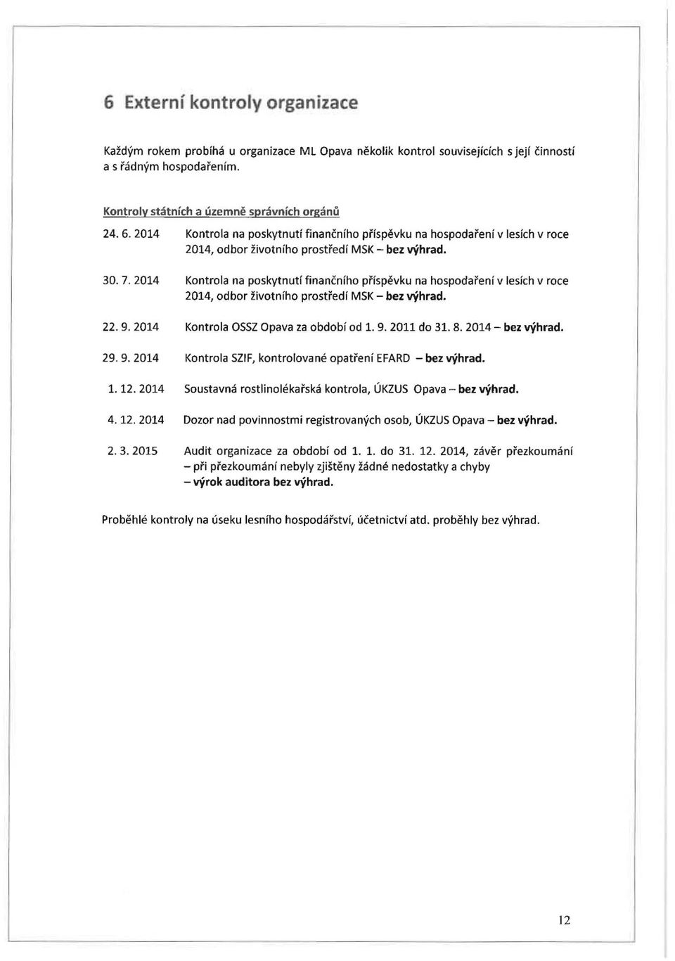 2014 Kontrola na poskytnutí finančního příspěvku na hospodaření v lesích v roce 2014, odbor životního prostředí MSK-bez výhrad. 22. 9. 2014 Kontrola OSSZ Opava za období od 1. 9. 2011 do 31. 8.