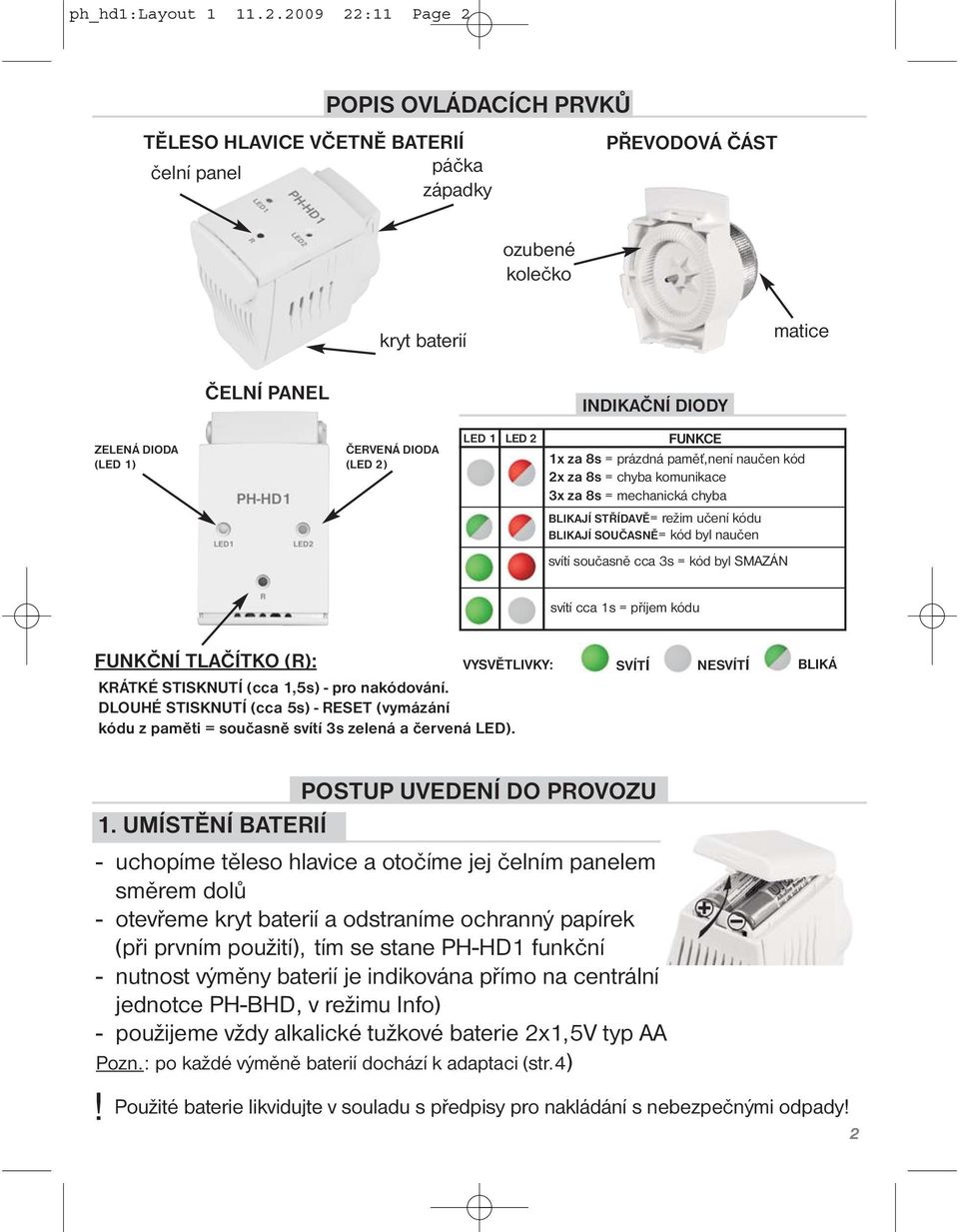 ČERVENÁ DIODA (LED 2) LED 1 LED 2 FUNKCE 1x za 8s = prázdná paměť,není naučen kód 2x za 8s = chyba komunikace 3x za 8s = mechanická chyba BLIKAJÍ STŘÍDAVĚ= režim učení kódu BLIKAJÍ SOUČASNĚ= kód byl