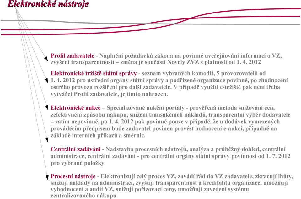 2012 pro ústřední orgány státní správy a podřízené organizace povinné, po zhodnocení ostrého provozu rozšíření pro další zadavatele.