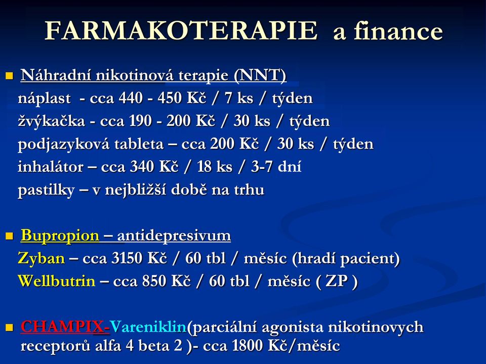 pastilky v nejbližší době na trhu Bupropion antidepresivum Zyban cca 3150 Kč / 60 tbl / měsíc (hradí pacient)