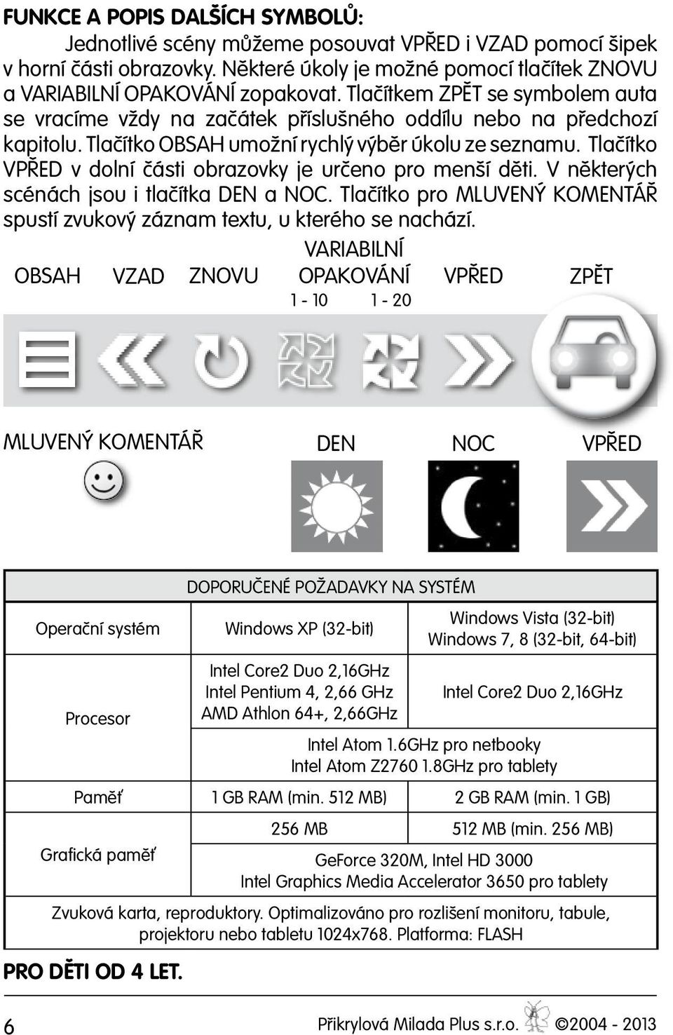 Tlačítko VPŘED v dolní části obrazovky je určeno pro menší děti. V některých scénách jsou i tlačítka DEN a NOC. Tlačítko pro MLUVENÝ KOMENTÁŘ spustí zvukový záznam textu, u kterého se nachází.