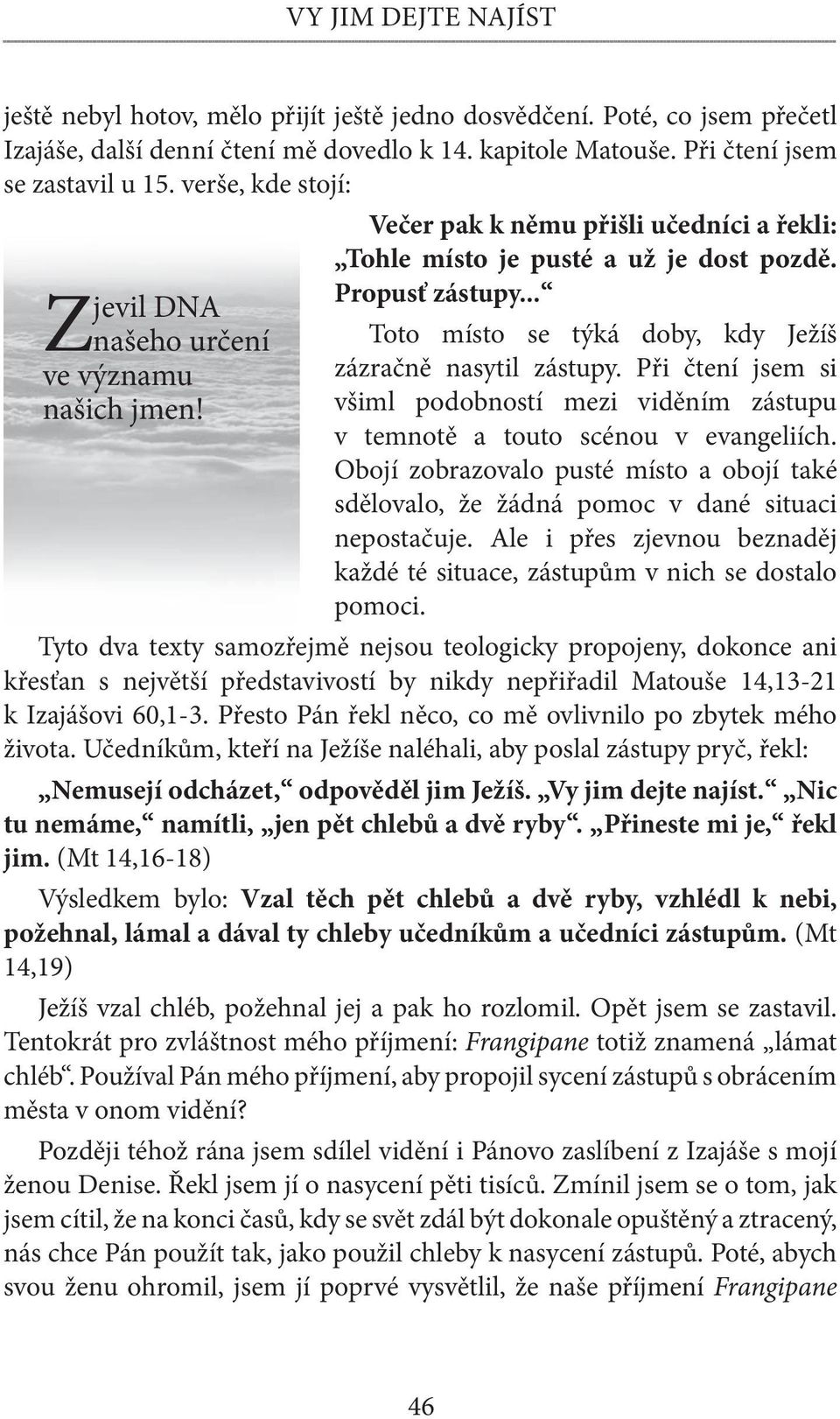 .. Toto místo se týká doby, kdy Ježíš zázračně nasytil zástupy. Při čtení jsem si všiml podobností mezi viděním zástupu v temnotě a touto scénou v evangeliích.