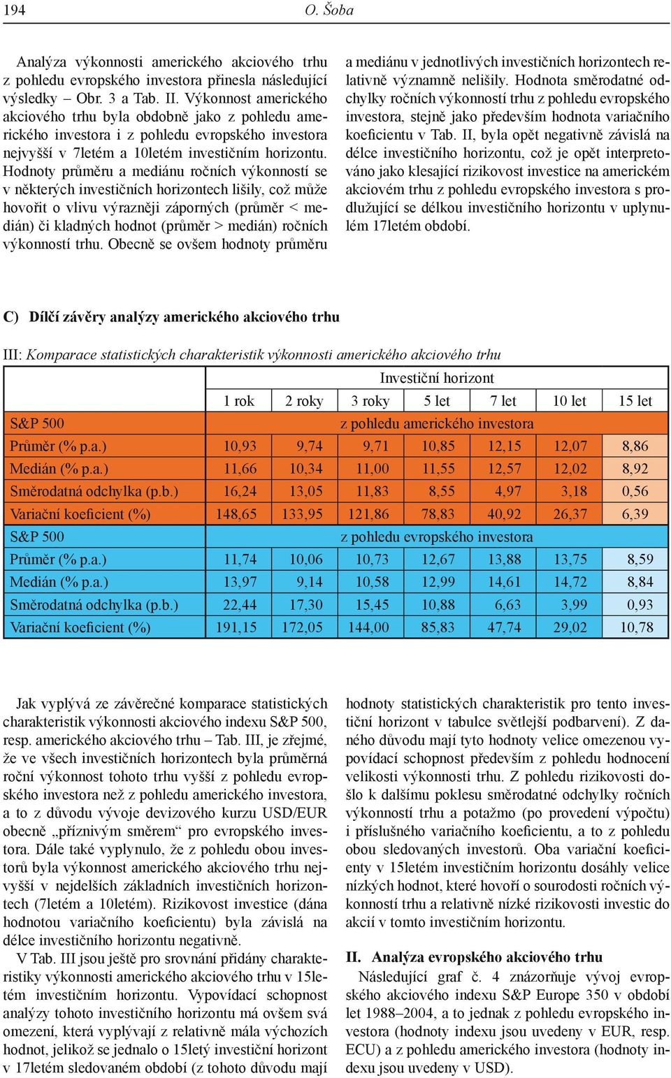 Hodnoty průměru a mediánu ročních výkonností se v některých investičních horizontech lišily, což může hovořit o vlivu výrazněji záporných (průměr < medián) či kladných hodnot (průměr > medián)