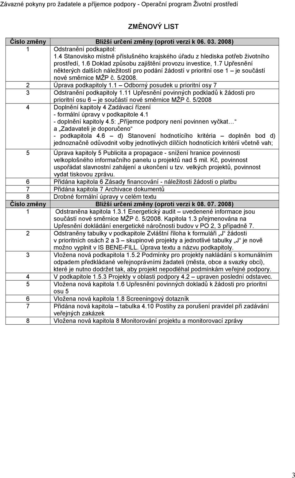 1 Odborný posudek u prioritní osy 7 3 Odstranění podkapitoly 1.11 Upřesnění povinných podkladů k žádosti pro prioritní osu 6 je součástí nové směrnice MŽP č.