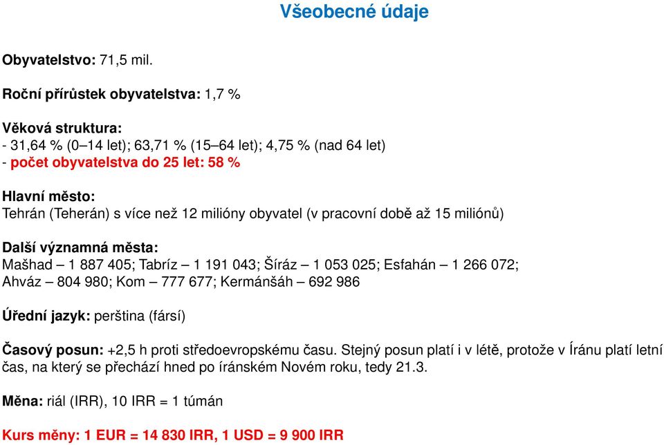 (Teherán) s více než 12 milióny obyvatel (v pracovní době až 15 miliónů) Další významná města: Mašhad 1 887 405; Tabríz 1 191 043; Šíráz 1 053 025; Esfahán 1 266 072; Ahváz 804