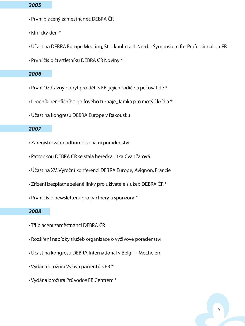 ročník benefičního golfového turnaje Jamka pro motýlí křídla * Účast na kongresu DEBRA Europe v Rakousku 2007 Zaregistrováno odborné sociální poradenství Patronkou DEBRA ČR se stala herečka Jitka