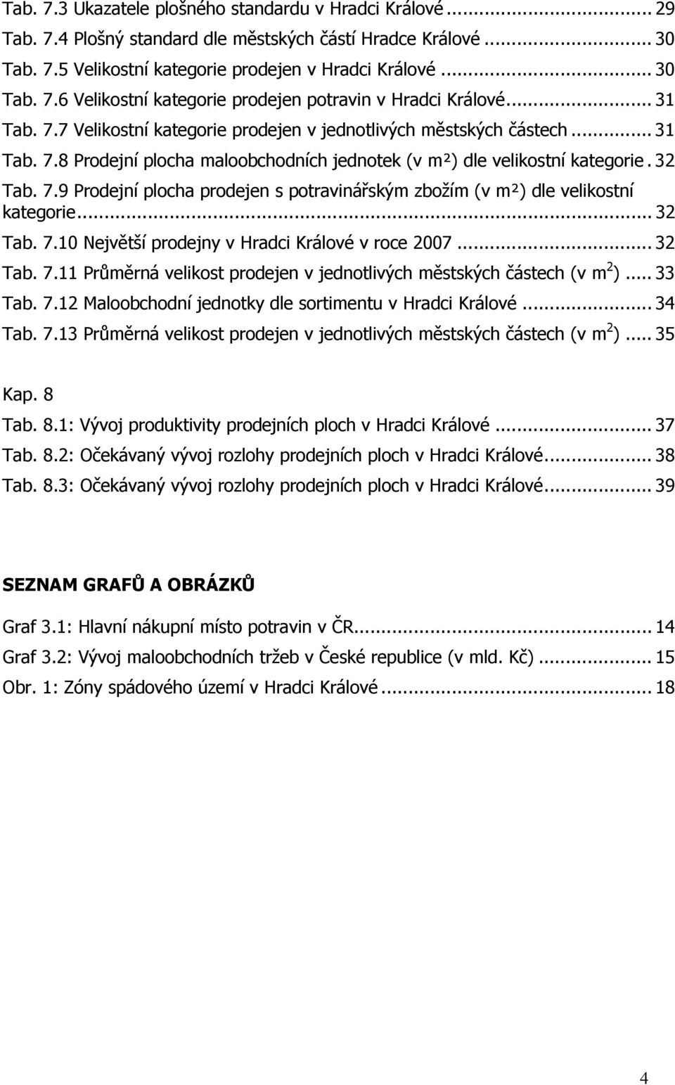 .. 32 Tab. 7.10 Největší prodejny v Hradci Králové v roce 2007... 32 Tab. 7.11 Průměrná velikost prodejen v jednotlivých městských částech (v m 2 )... 33 Tab. 7.12 Maloobchodní jednotky dle sortimentu v Hradci Králové.