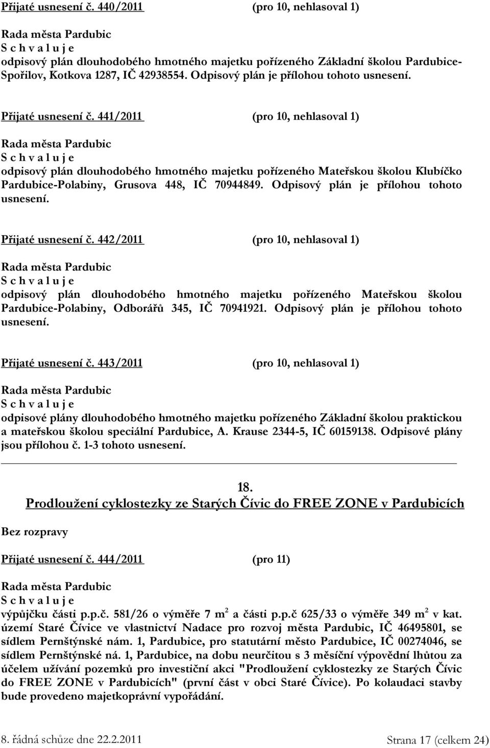 441/2011 (pro 10, nehlasoval 1) odpisový plán dlouhodobého hmotného majetku pořízeného Mateřskou školou Klubíčko Pardubice-Polabiny, Grusova 448, IČ 70944849.