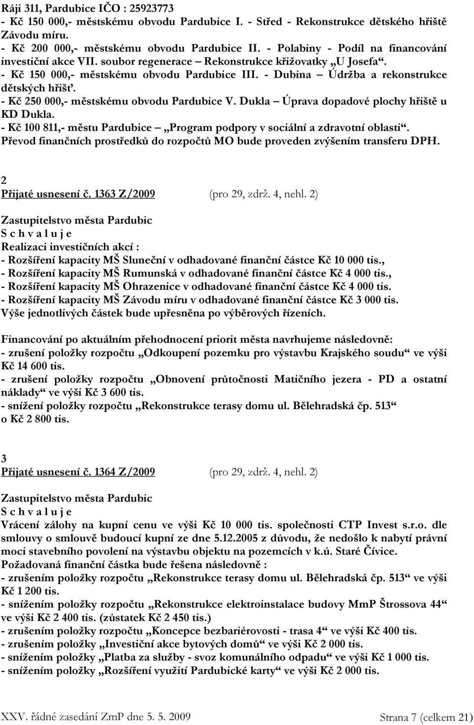 - Kč 250 000,- městskému obvodu Pardubice V. Dukla Úprava dopadové plochy hřiště u KD Dukla. - Kč 100 811,- městu Pardubice Program podpory v sociální a zdravotní oblasti.